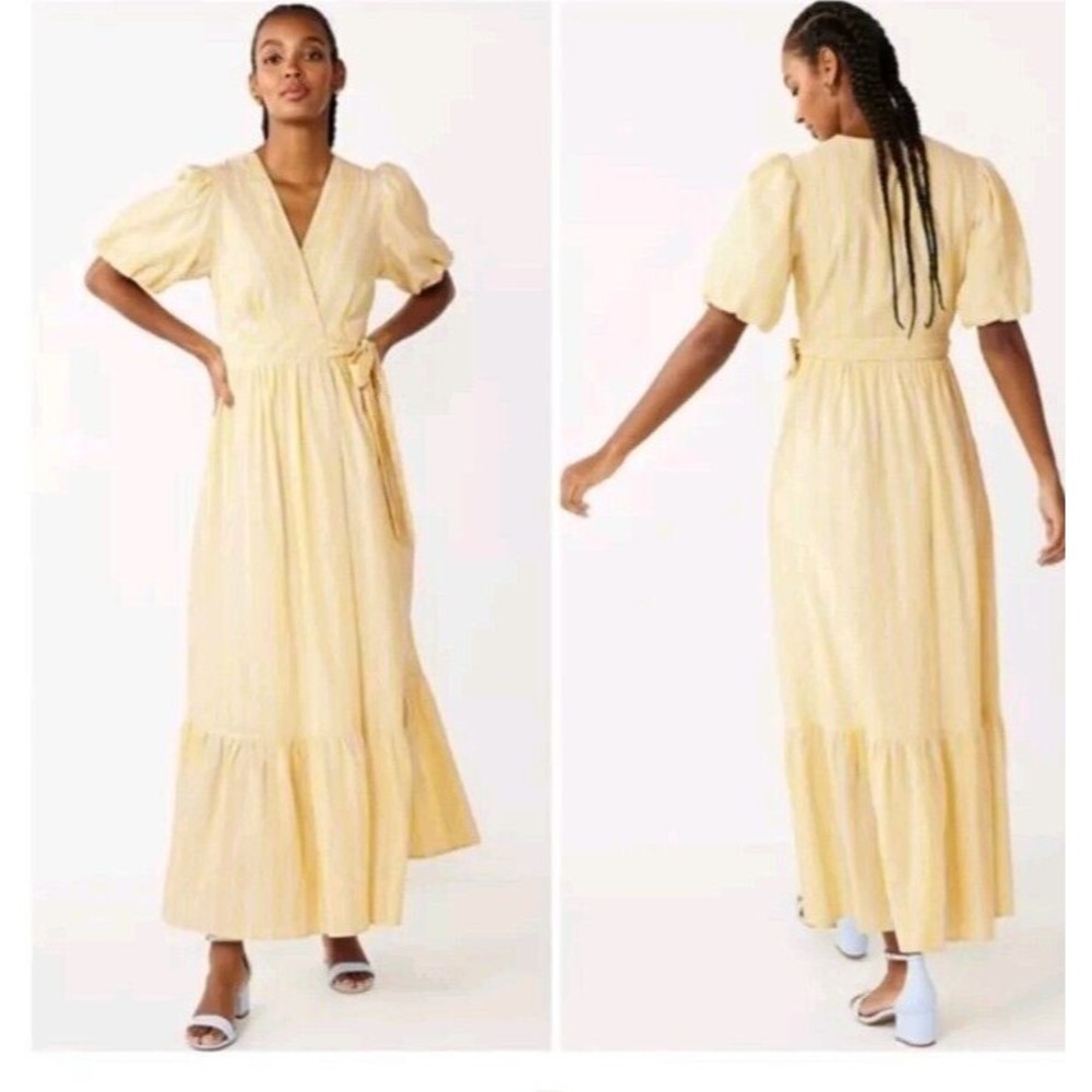 Draper James Womens Dress Size S Puff Sleeve Maxi Wrap Lemon Blue/White Stripe
